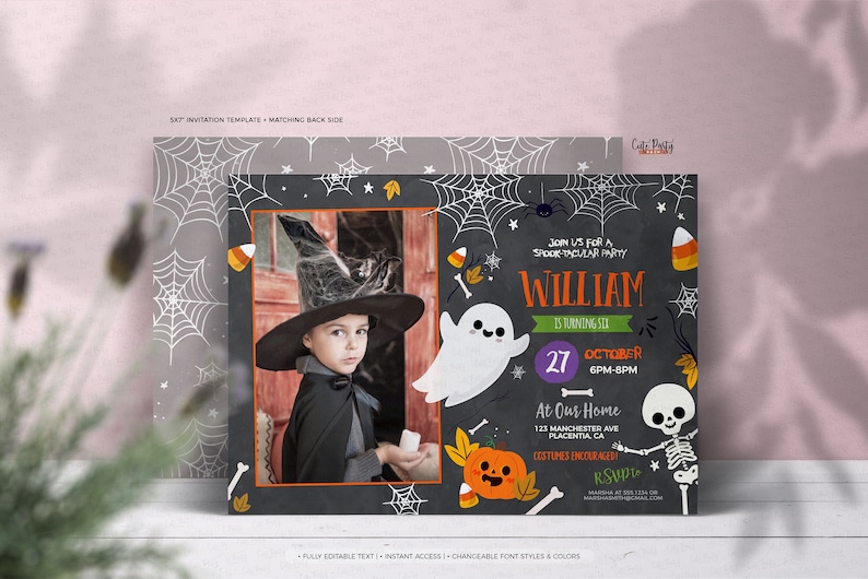May include: A black and white Halloween party invitation with a chalkboard background. The invitation features a photo of a child dressed as a witch, a ghost, a skeleton, and a pumpkin. The text on the invitation reads "Join us for a Spook-tacular Party William is turning six 27 October 6PM-8PM At Our Home 123 Manchester Ave Placentia, CA Costumes Encouraged RSVP".