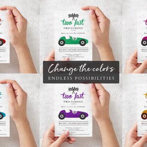 May include: Six different color variations of a birthday invitation featuring a cartoon race car with the text "two fast two curious" and "Micah's Second Birthday".