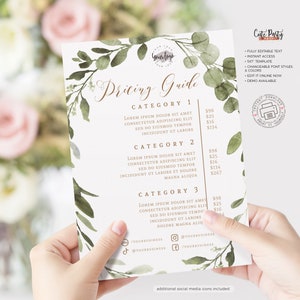 May include: A pricing guide for a business with a watercolor background of green leaves. The guide lists three categories of services with prices for each. The text "Pricing Guide" is written in a cursive font.