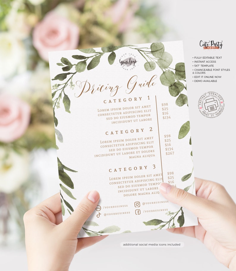 May include: A pricing guide for a business with a watercolor background of green leaves. The guide lists three categories of services with prices for each. The text "Pricing Guide" is written in a cursive font.