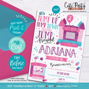 Bounce House Birthday Invitation: Pink Purple, Editable (Digital Download)