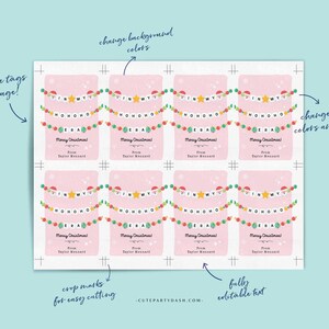 May include: Printable Christmas gift tags with a pink background and a garland of colorful ornaments. The tags feature the text "Jingle My Ho Ho Ho" and "Merry Christmas!" with a space for a name. The tags are designed for easy cutting.