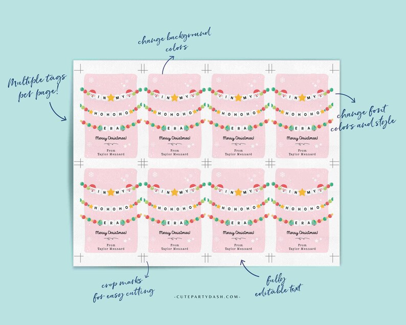 May include: Printable Christmas gift tags with a pink background and a garland of colorful ornaments. The tags feature the text "Jingle My Ho Ho Ho" and "Merry Christmas!" with a space for a name. The tags are designed for easy cutting.