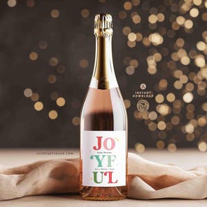 Joyful Christmas Gift Tag Printable INSTANT DOWNLOAD Happy Holidays Colorful Wine Bottle Label Sticker Modern Christmas Festive Favor Tag