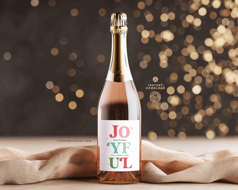 Joyful Christmas Gift Tag Printable INSTANT DOWNLOAD Happy Holidays Colorful Wine Bottle Label Sticker Modern Christmas Festive Favor Tag
