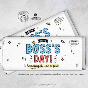 Geschenkidee zum Boss-Tag SOFORT-DOWNLOAD Druckbare Schokoriegel-Verpackungen zum Boss-Tag, bearbeitbares Geschenk für Boss-Anerkennungsgeschenke, Männer-Frauen-Karte