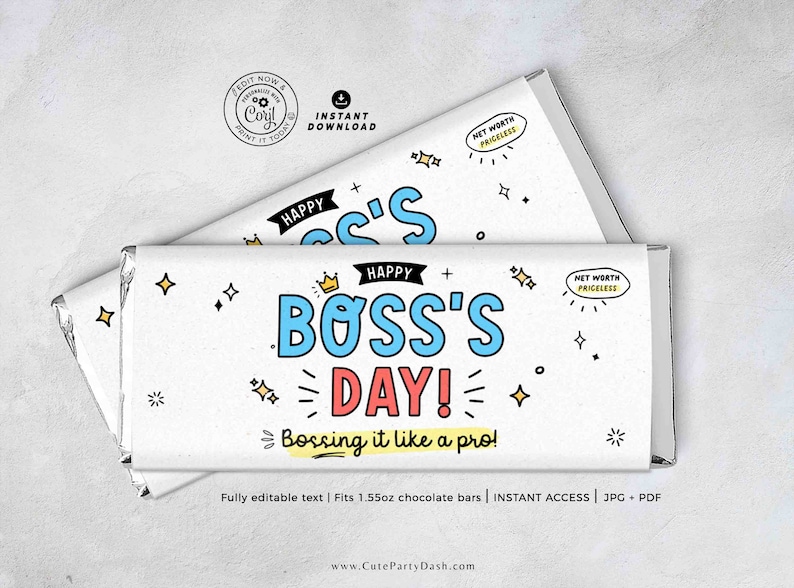 May include: Printable Boss's Day chocolate bar wrapper with a blue and red design. The wrapper features the text "Happy Boss's Day!" and "Bossing it like a pro!" with stars and a crown graphic. The wrapper is fully editable and fits 1.55 oz chocolate bars.