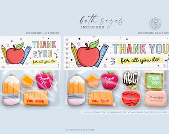 May include: Two printable teacher appreciation gift tags with a school theme. The tags feature a red apple, pencil, ruler, and the text "Thank You for all you do!" in colorful letters. The tags are shown with a set of six cookies decorated with school-themed designs.