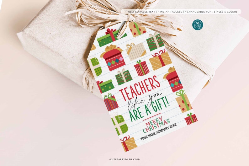Christmas Teacher Thank you Tag, Holiday Appreciation Gift Tags Christmas Gift Card Employee Company Staff Teacher INSTANT DOWNLOAD EDITABLE