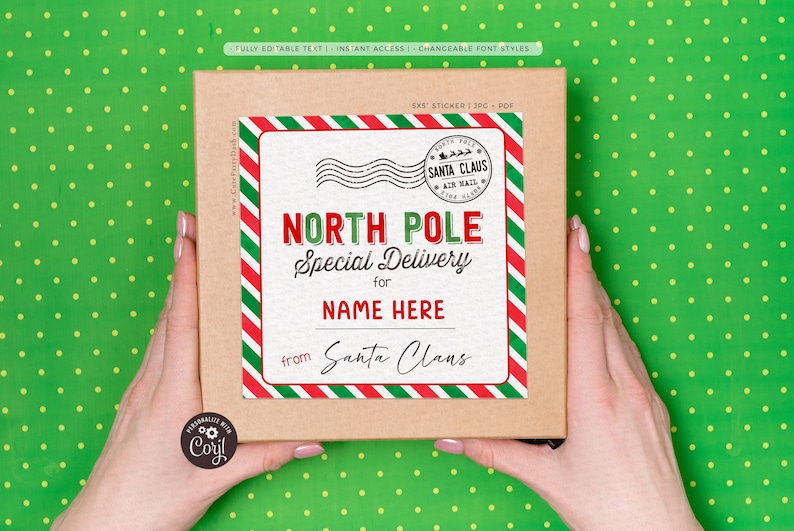 Peut inclure: Un autocollant imprimable de livraison sp&eacute;ciale du p&ocirc;le Nord avec des rayures rouges, vertes et blanches. L'autocollant a un aspect vintage et dit "P&ocirc;le Nord Livraison sp&eacute;ciale pour NOM ICI de la part du P&egrave;re No&euml;l".