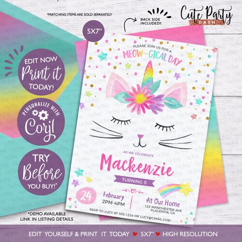 INSTANT DOWNLOAD EDITABLE Caticorn Birthday Party - Etsy