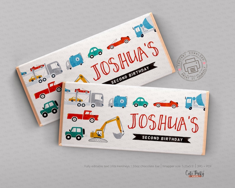 May include: Printable chocolate bar wrapper with a construction theme. The wrapper is white with red, blue, yellow, and green illustrations of trucks, diggers, and a cement mixer. The text "Joshua's Second Birthday" is printed in red on a black banner.