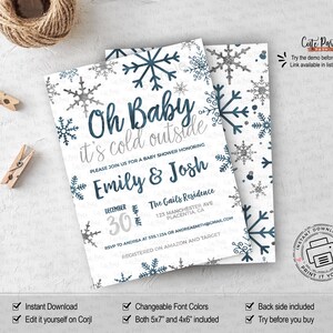 Puede incluir: Invitaci&oacute;n imprimible para una fiesta de bienvenida al beb&eacute; con tem&aacute;tica invernal. La invitaci&oacute;n presenta un fondo blanco con copos de nieve azules y plateados y el texto "Oh Baby hace fr&iacute;o afuera". La invitaci&oacute;n tambi&eacute;n incluye los nombres "Emily & Josh" y la fecha "30 de diciembre".