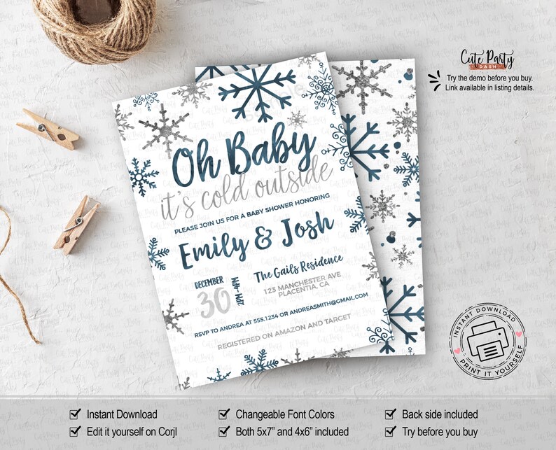 Puede incluir: Invitaci&oacute;n imprimible para una fiesta de bienvenida al beb&eacute; con tem&aacute;tica invernal. La invitaci&oacute;n presenta un fondo blanco con copos de nieve azules y plateados y el texto "Oh Baby hace fr&iacute;o afuera". La invitaci&oacute;n tambi&eacute;n incluye los nombres "Emily & Josh" y la fecha "30 de diciembre".
