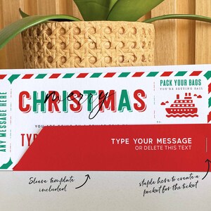 May include: A festive Christmas ticket design with red and green detailing. The ticket displays the word "CHRISTMAS" in bold red lettering, a ship illustration, and the phrase "PACK YOUR BAGS, YOU'RE SETTING SAIL." Instructions are included for pocket creation.