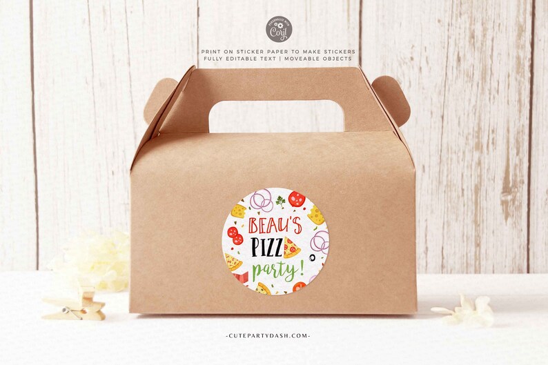 Pizza party Round Cupcake topper, Editable Birthday Party decoration, printable Pizza Party Sticker Label Decor, Favors INSTANT DOWNLOAD 200