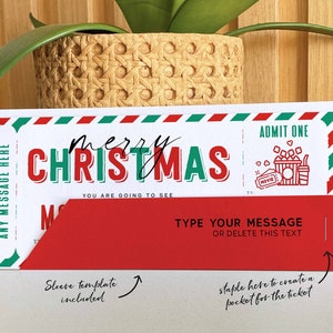 May include: A printable Christmas gift tag in the shape of a movie ticket. The tag is red, green, and white with the text "Merry Christmas" and "You are going to see..." The tag also has a space for a message and a place to staple a sleeve to create a pocket for the ticket.