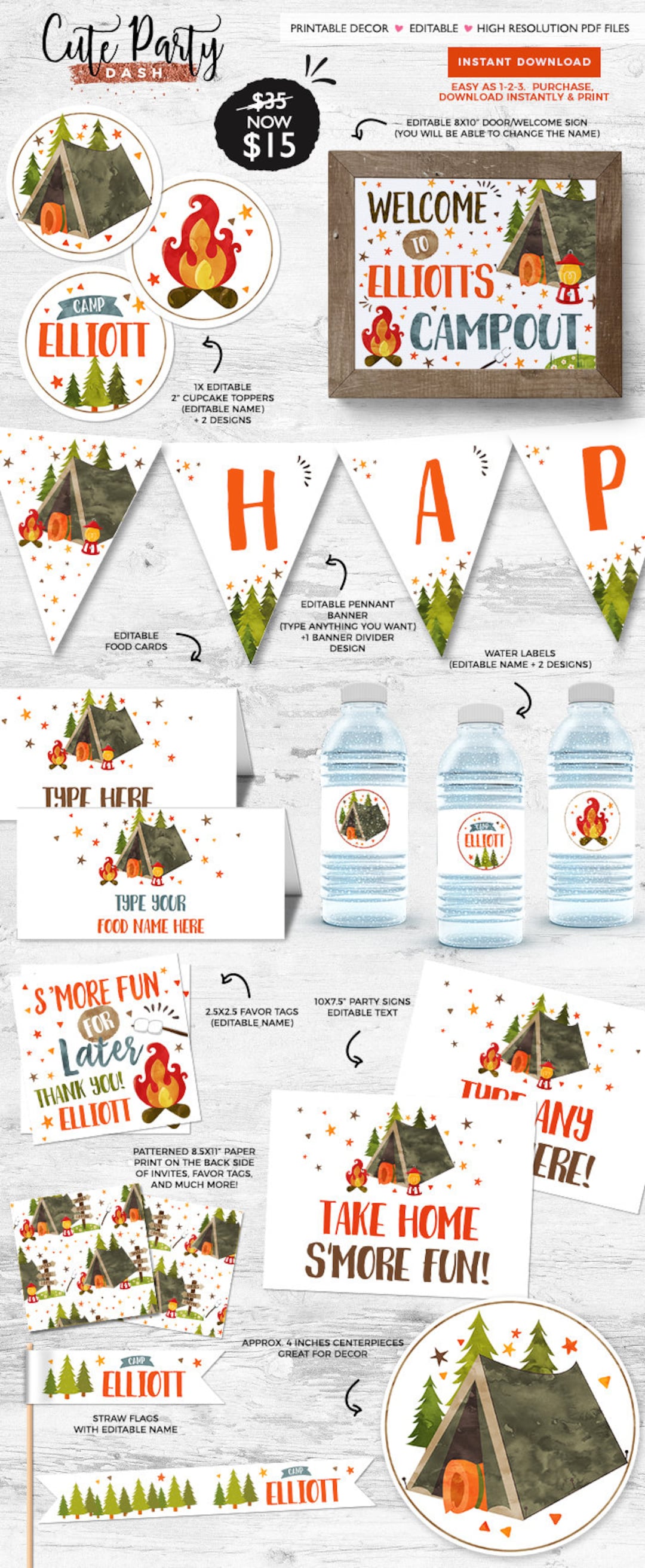 INSTANT DOWNLOAD - EDITABLE Camping Birthday Decor Camp Out Printable ...