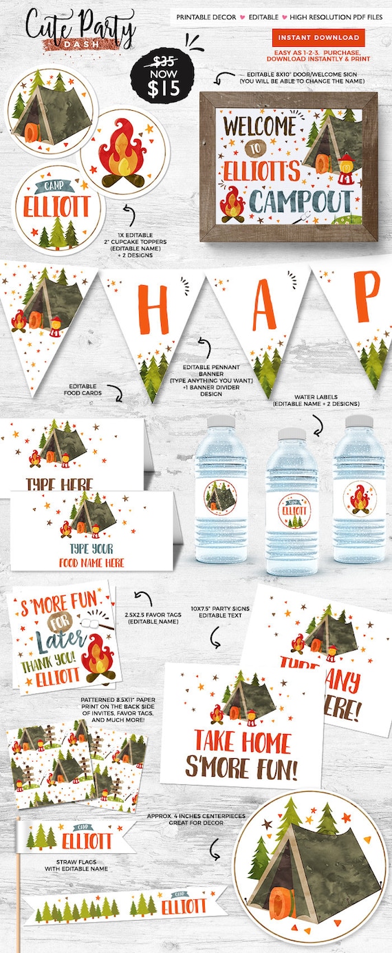 instant download editable camping birthday decor camp out etsy