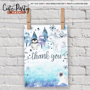 May include: A thank you card with a watercolor illustration of a polar bear, penguin, and owl in a snowy forest. The text "thank you" is written in a cursive font.
