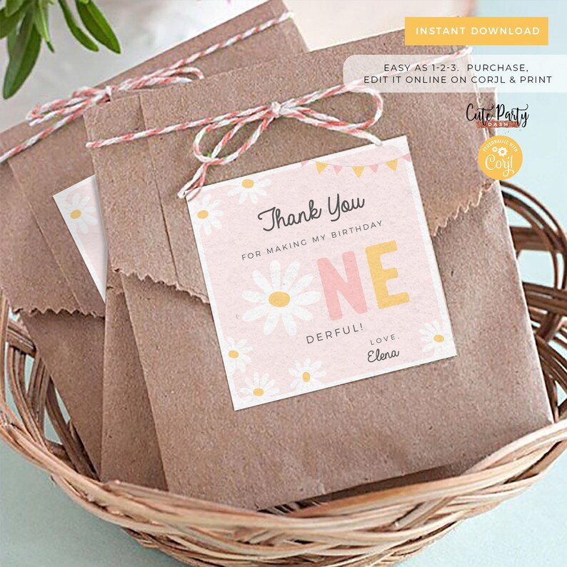 May include: Pink and yellow thank you favor tags with a daisy pattern and the text "Thank You for making my birthday one derful! Love, Elena".