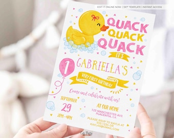 Girl Rubber Duck Birthday Invitation: Pink First Birthday (Printable INSTANT DOWNLOAD)