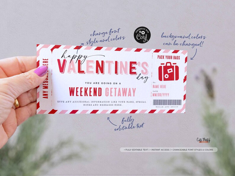 Weekend Getaway Voucher Template, Surprise Valentine's Day Trip gift ticket, Valentines gift, Trip Away Voucher Editable INSTANT DOWNLOAD