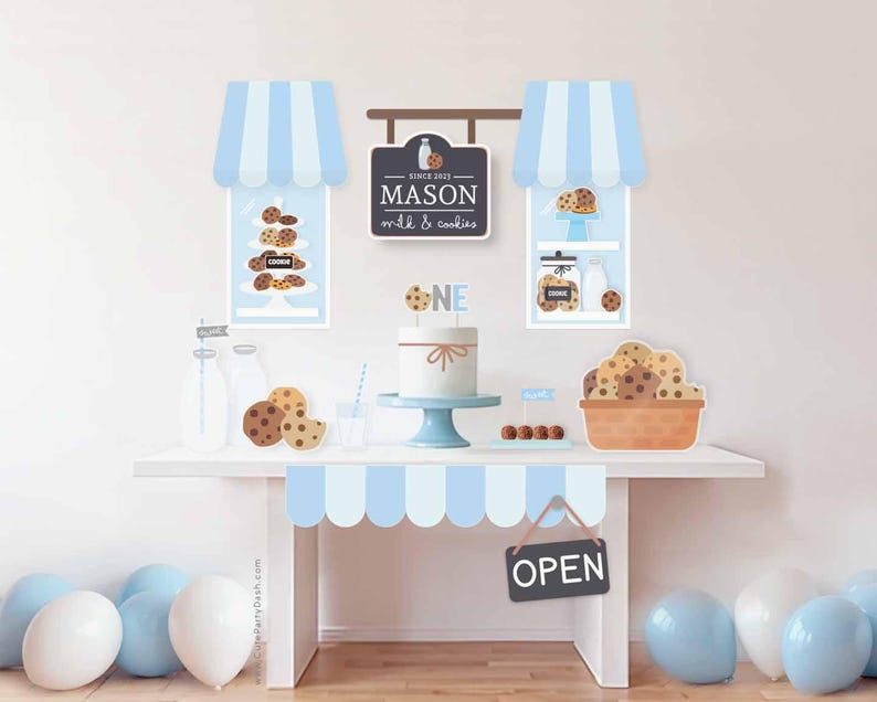 May include: A blue and white striped awning with a sign that reads "Since 2023 Mason Milk & Cookies" and a sign that says "Open". There are also several cookies, milk bottles, and balloons in the image.
