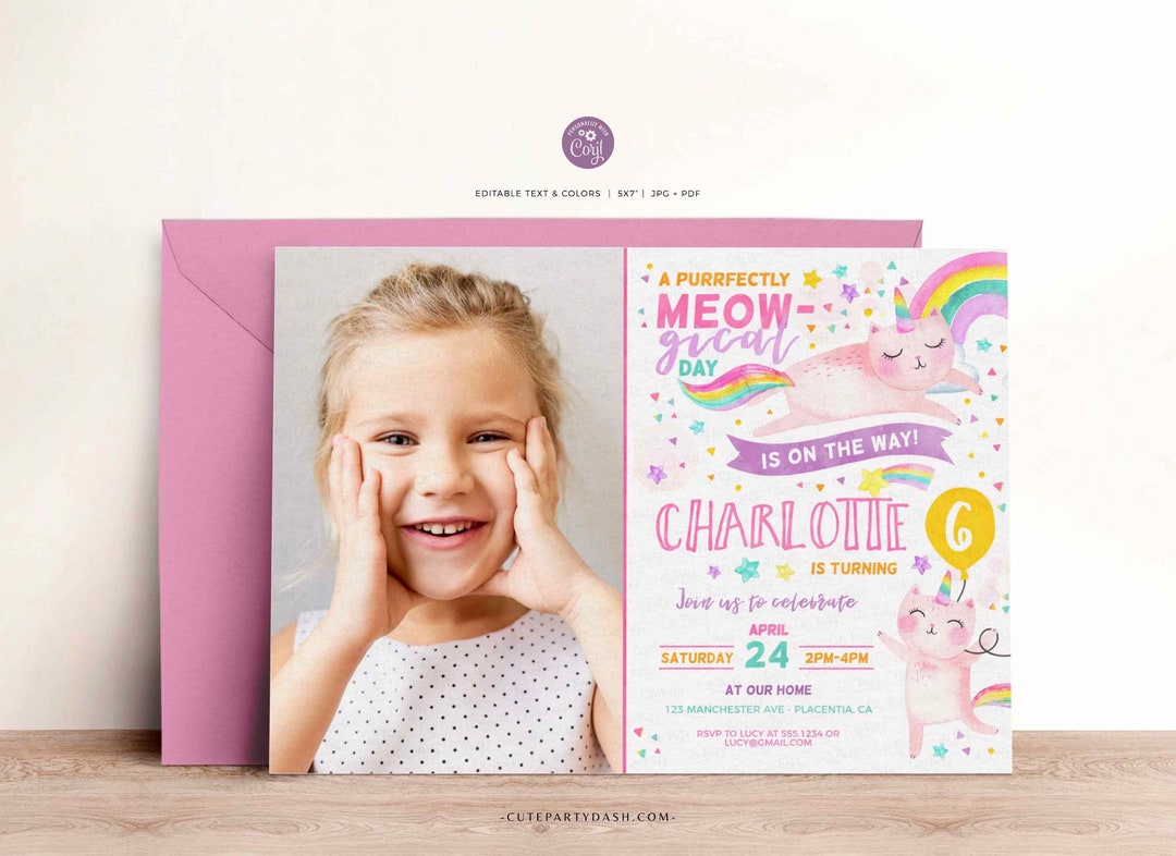 INSTANT DOWNLOAD, Caticorn Birthday Party Photo Invitation, Cat Unicorn ...