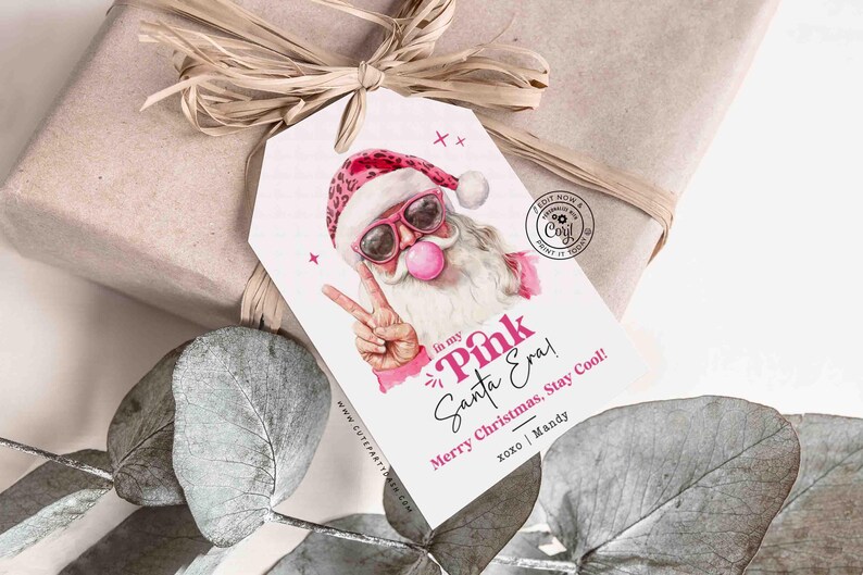 In My Pink Santa Era Christmas Gift Tag Printable INSTANT DOWNLOAD Trendy Retro Christmas Gift Tag –  Cool Santa Holiday Tag for Fun Gifting