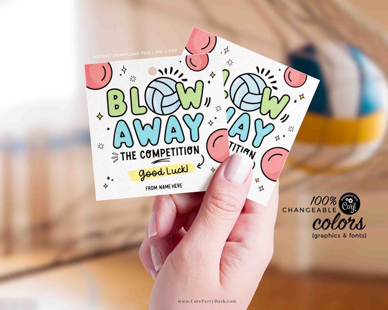 May include: Two colorful printable gift tags with a volleyball graphic and the text "Blow Away the Competition" and "Good Luck!"  The tags are designed for a volleyball team or player.