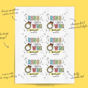 May include: Printable ring toss game tags with colorful text that says "Ring Toss Win! Good Luck!" and a cartoon ring with a pink gem. The tags are designed to be cut out and used for a ring toss game.