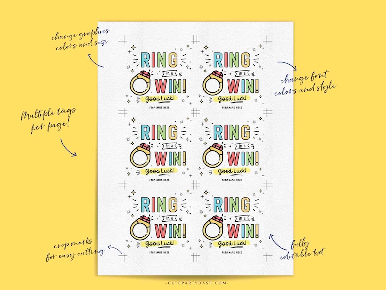 May include: Printable ring toss game tags with colorful text that says "Ring Toss Win! Good Luck!" and a cartoon ring with a pink gem. The tags are designed to be cut out and used for a ring toss game.