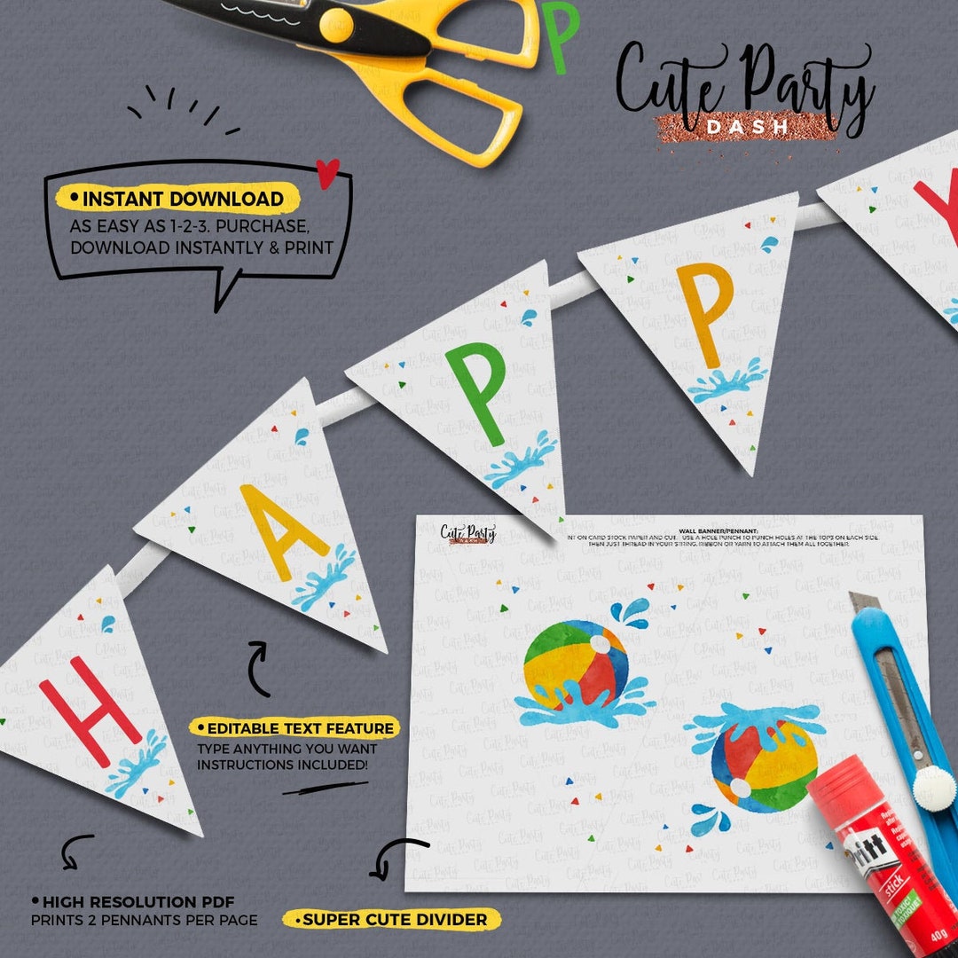 INSTANT DOWNLOAD - EDITABLE Pool Party Birthday Wall Banner Pennant ...