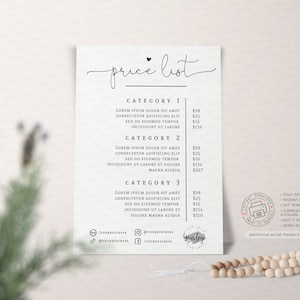 May include: A white price list with a black handwritten title "price list" and a heart symbol. The list is divided into three categories with descriptions and prices for each category. The prices are in pounds sterling. The bottom of the list includes social media icons and the text "additional social media icons included".