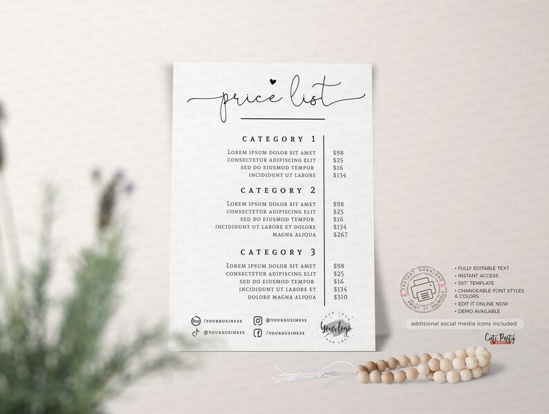 May include: A white price list with a black handwritten title "price list" and a heart symbol. The list is divided into three categories with descriptions and prices for each category. The prices are in pounds sterling. The bottom of the list includes social media icons and the text "additional social media icons included".