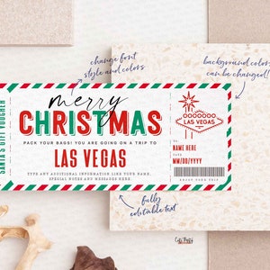May include: A red, green, and white printable Christmas gift voucher with the text "merry CHRISTMAS" and "LAS VEGAS". The voucher is designed to look like a vintage airline ticket. The text "PACK YOUR BAGS! YOU ARE GOING ON A TRIP TO" is printed above the city name. The voucher is fully customizable with editable text and background colors.