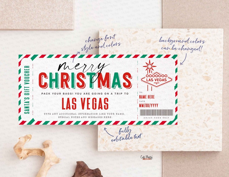 May include: A red, green, and white printable Christmas gift voucher with the text "merry CHRISTMAS" and "LAS VEGAS". The voucher is designed to look like a vintage airline ticket. The text "PACK YOUR BAGS! YOU ARE GOING ON A TRIP TO" is printed above the city name. The voucher is fully customizable with editable text and background colors.