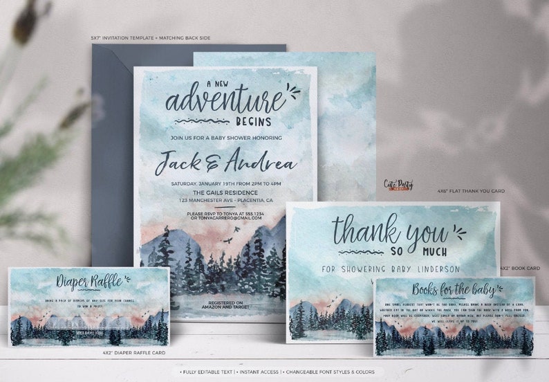 May include: A set of printable baby shower invitations with a watercolor mountain landscape design. The invitation features the text "A new adventure begins" and the names "Jack & Andrea". The thank you card says "Thank you so much for showering Baby Linderson". The diaper raffle card says "Diaper Raffle". The book request card says "Books for the baby".