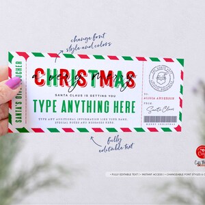 May include: A Christmas gift voucher with a red and green border, featuring the word "CHRISTMAS" in bold red and green letters. The voucher includes editable text fields and a Santa Claus stamp.