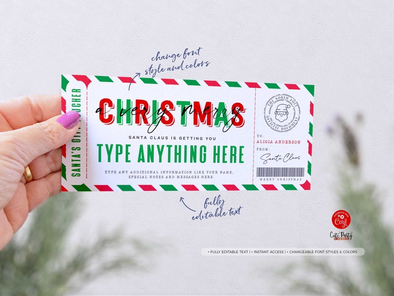 May include: A Christmas gift voucher with a red and green border, featuring the word "CHRISTMAS" in bold red and green letters. The voucher includes editable text fields and a Santa Claus stamp.