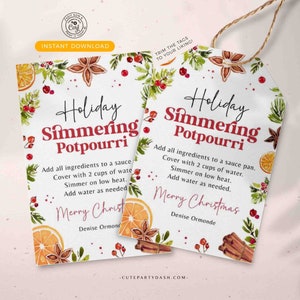 May include: Printable holiday simmering potpourri gift tag with watercolor illustrations of oranges, cinnamon sticks, and star anise. The tag reads "Holiday Simmering Potpourri" and includes instructions for making the potpourri. The tag also includes the text "Merry Christmas" and "Denise Ormonde".