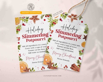 Printable Holiday Simmering Stovetop Potpourri Tag INSTANT DOWNLOAD Teacher Gift Idea Editable Homemade Christmas Potpourri Instructions Tag