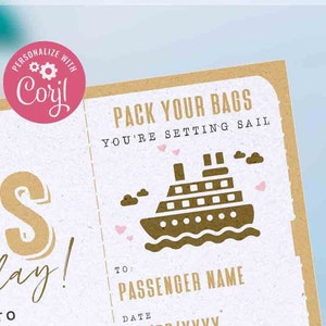 May include: A brown and white card with the text "Pack Your Bags You're Setting Sail" and a cartoon cruise ship. The card has a pink sticker with the text "Personalize with Coryl!" and a small gear icon.