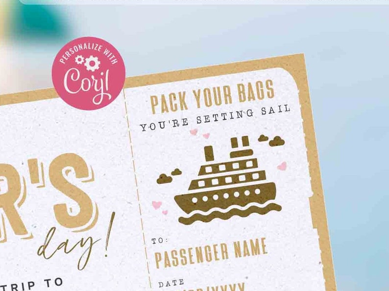 May include: A brown and white card with the text "Pack Your Bags You're Setting Sail" and a cartoon cruise ship. The card has a pink sticker with the text "Personalize with Coryl!" and a small gear icon.