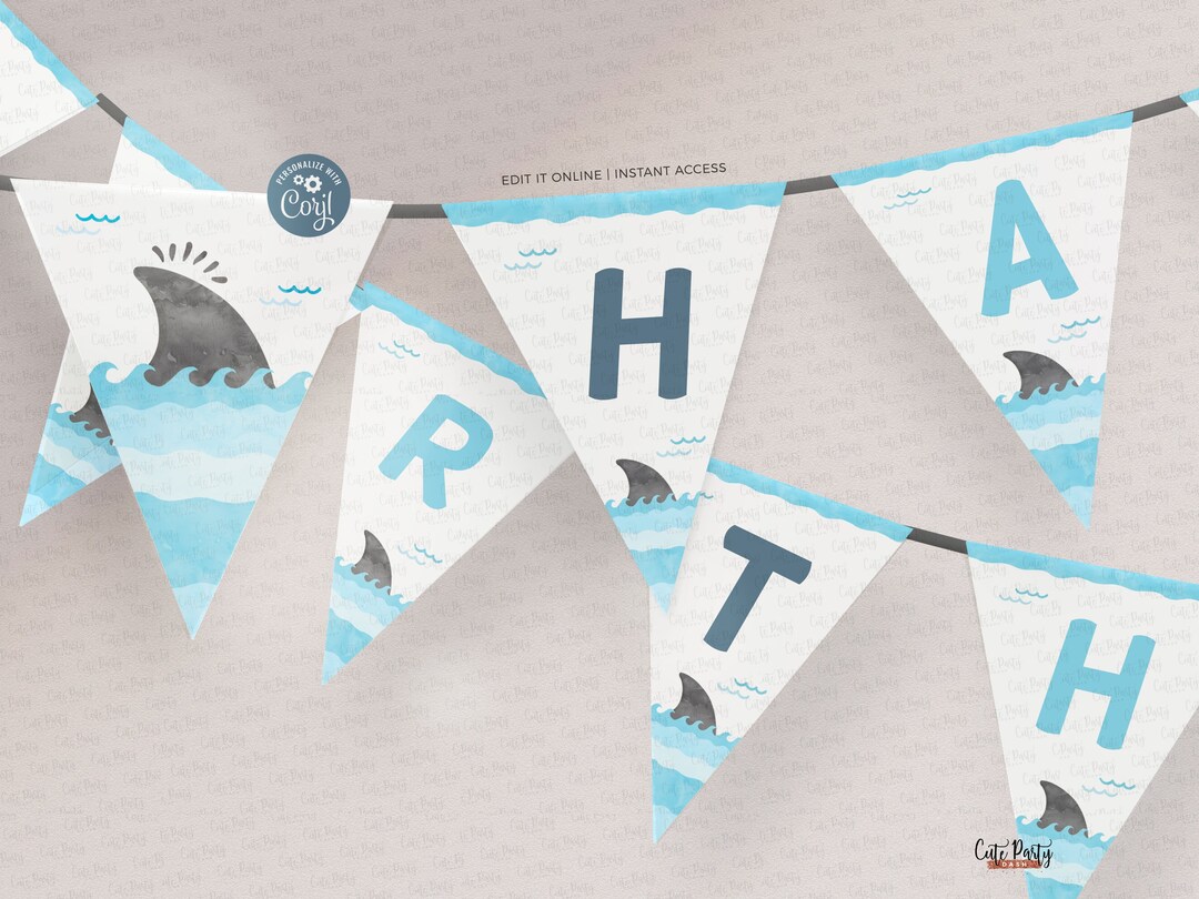 INSTANT DOWNLOAD, EDITABLE Shark Birthday Wall Banner, Birthday Pennant ...
