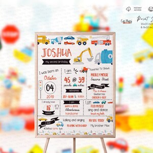 May include: A colorful printable birthday poster for a boy named Joshua, celebrating his second birthday. The poster features a construction theme with trucks, diggers, and other vehicles. It includes details like his age, weight, height, favorite foods, and activities.