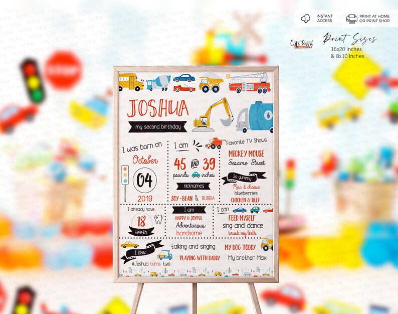 May include: A colorful printable birthday poster for a boy named Joshua, celebrating his second birthday. The poster features a construction theme with trucks, diggers, and other vehicles. It includes details like his age, weight, height, favorite foods, and activities.