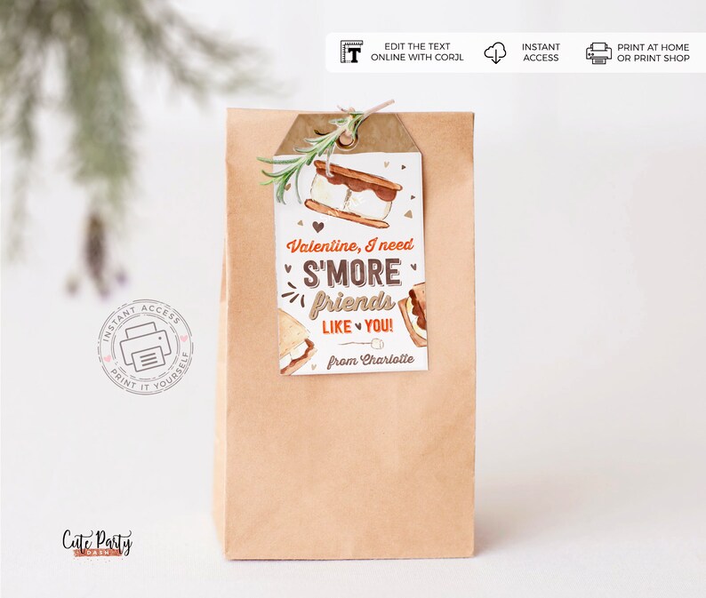 May include: A printable Valentine's Day gift tag featuring a watercolor illustration of a s'more with the text "Valentine, I need S'MORE friends LIKE YOU! from Charlotte".