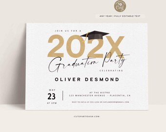 May include: A graduation party invitation with a gold 202X and a black graduation cap. The text reads "Join us for a 202X Graduation Party Celebrating Oliver Desmond. May 23 at 3PM. At The Bistro 123 Manchester Avenue Placentia, CA. RSVP to Kayla at 555.1234 or kaylamoore@gmail.com. -CutePartyDash.com- "